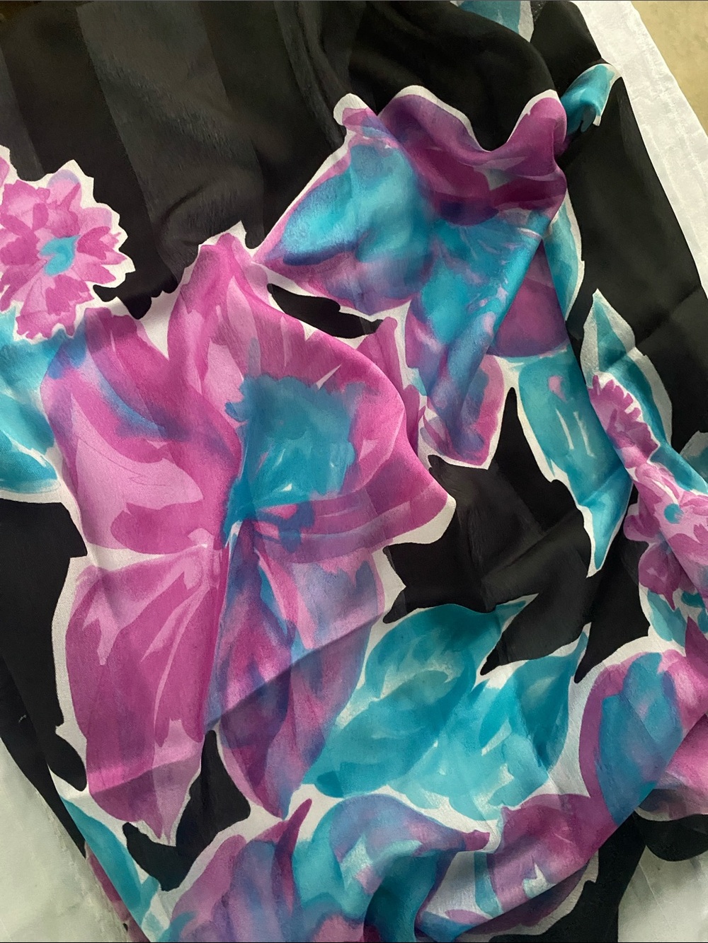 Floral Silk-Feel Scarf in Black with Pink & Teal Blooms